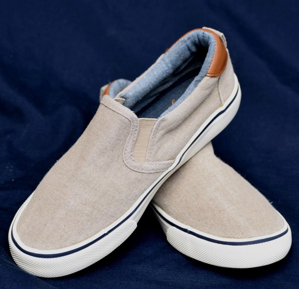 Tommy Bahama Boy's Tan Canvas Slip-on Sneakers Double-Gore Rubber Soles Size 12